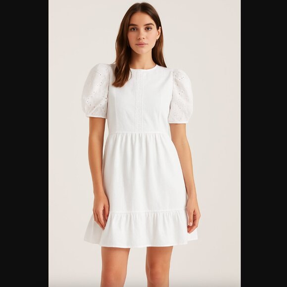 River Island White Puff Sleeve Mini Dress Size 8 – Boho Coastal Ruffle Modest - Picture 1 of 10
